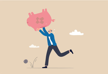 Poor retiree old man, broke losing all pension or retirement funds, financial problem, poverty or bankruptcy after retired concept, depressed worried old man shaking piggybank pension with no money.