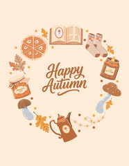 Autumn holiday card with a round frame - a wreath of autumn attributes and the inscription Happy autumn. Fall template. Background for the harvest festival or Thanksgiving Day. Autumn frame of pumpkin