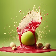 Green apple with a splash of red and beige liquid creating an artistic food photography image perfect for advertising and product promotion