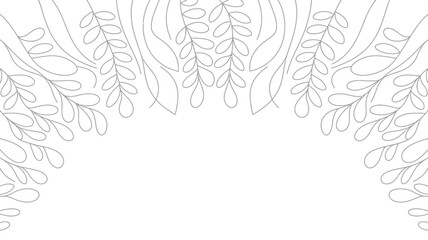 A delicate silver outline drawing of stylized leaves and branches on a white background space for text