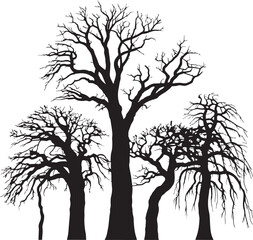 Minimalist black and white silhouette of leafless trees with showcase roots, winter landscape, nature, botanical illustration, vector art