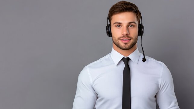 Smiling male telemarketer or customer service agent