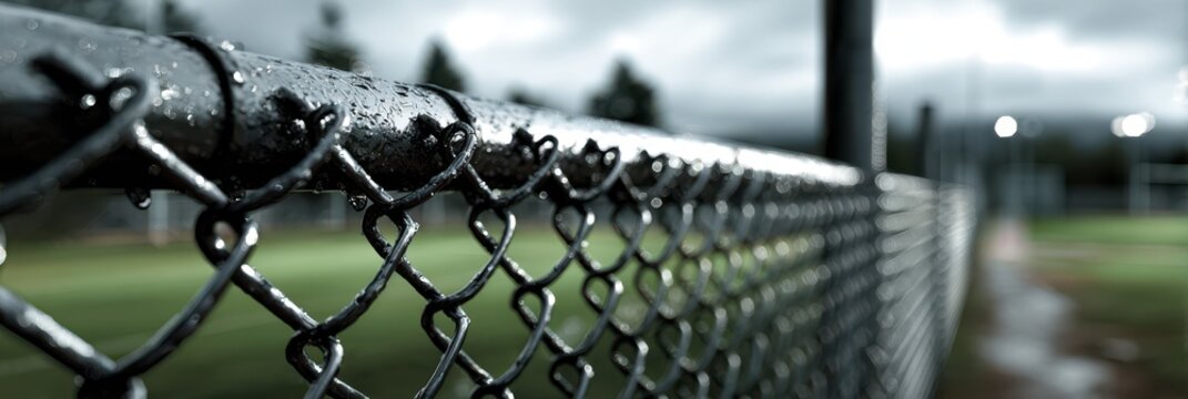 Rusty chain-link fence with rain droplets in a dark location near a baseball field
