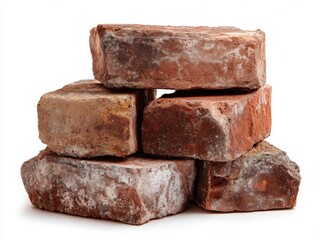 Weathered red bricks stacked on white background. Rustic construction materials with rough texture, perfect for vintage building projects.