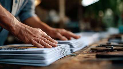 Hands of an unrecognizable printing house worker straighten a pile of printouts on a wooden desk fingers aligning edges precisely scattered ink samples and tools nearby ample