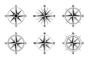 Six Compass Rose Variations: Black and White Icon Set