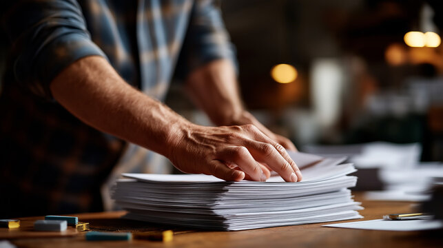 Hands of an unrecognizable printing house worker straighten a pile of printouts on a wooden desk fingers aligning edges precisely scattered ink samples and tools nearby ample