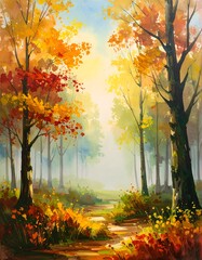 Autumnal forest path bathed in sunlight