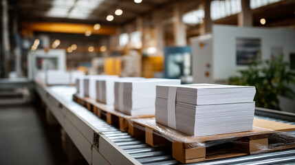 Fototapeta premium Empty modern print shop interior with piles of finished production stacked neatly on pallets wrapped in plastic conveyor belts silent the scent of fresh ink lingering ample spa