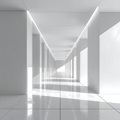 Obraz premium A long, white hallway stretches into the distance. Sunlight streams through windows