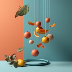 Citrus fruit arrangement with oranges and grapefruits suspended on strings a vibrant and refreshing still life composition