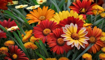 Colorful Bouquet Of Daisies In Vibrant Shades Of Red Yellow And Orange Surrounded By Lush Green Grass