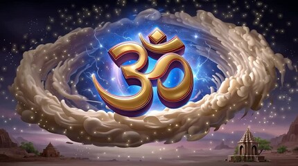 Divine Om Symbol Floating in a Cosmic and Starry Sky