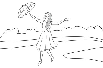Outline of young woman, girl with an umbrella walking on road. Silhouette of a woman. A happy girl with umbrella walkinga  bright sunny day.  Summer landscape line art. Vector illustration.
