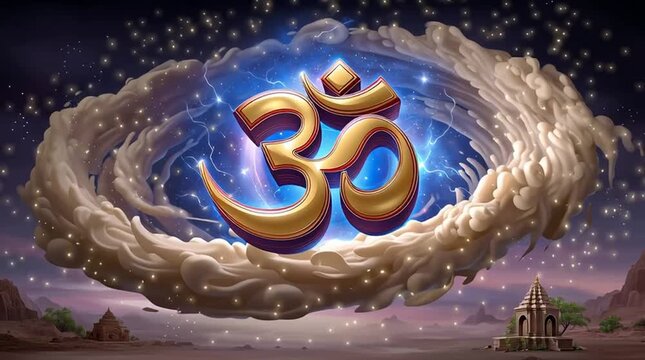 Divine Om Symbol Floating in a Cosmic and Starry Sky