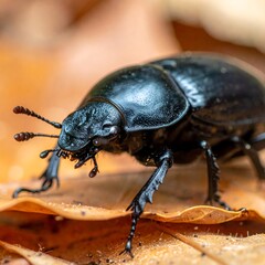 Close-up of a black beetle on leaves