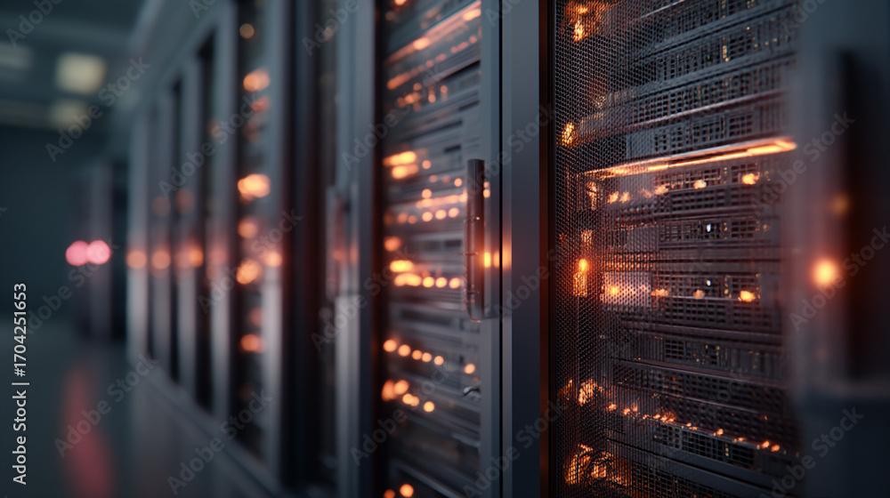 Aufkleber a close up view of a server room with multiple servers and blinking lights in a dark environment