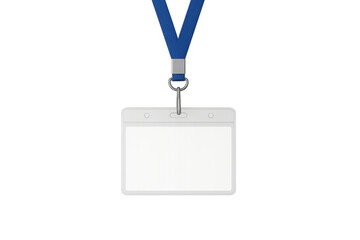 Blank white vertical badge mockup with blue lanyard hanging on transparent background