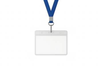 Blank white vertical badge mockup with blue lanyard hanging on transparent background