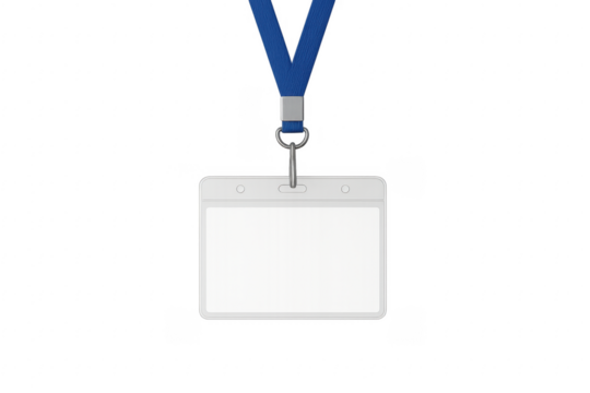 Blank white vertical badge mockup with blue lanyard hanging on transparent background - Powered by Adobe