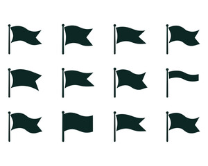 A vector illustration of a collection of black flag icons. Set of twelve diverse waving banner shapes on flagpoles, presented as isolated symbols