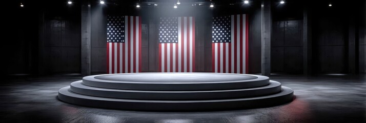 Stage set with American flags in a dark hall for political event during evening