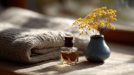 A serene still life featuring a small perfume bottle, a vase of yellow flowers, and a folded cloth, all bathed in soft, natural light.