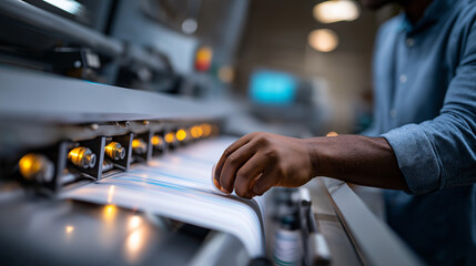 A roll of flexible polymer material feeds into a flexographic press an unrecognizable Black worker adjusting settings in the blurred background ink rollers spinning control dial