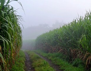 Misty sugarcane field path