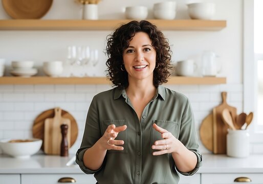 Smiling Woman Cooking in Kitchen.