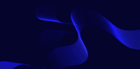 Abstract dark blue background showcases flowing, translucent shapes formed by parallel lines, creating a modern and elegant design perfect for technology and creative themes
