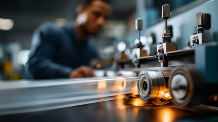 A roll of flexible polymer material feeds into a flexographic press an unrecognizable Black worker adjusting settings in the blurred background ink rollers spinning control dial