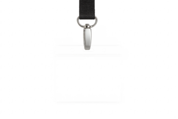 Black lanyard with metal clip hanging on transparent background