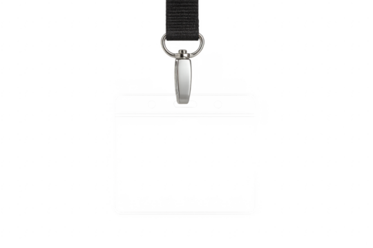 Black lanyard with metal clip hanging on transparent background