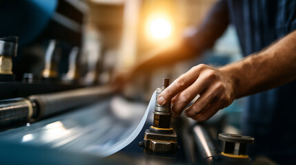 Naklejka premium A roll of flexible polymer material feeds into a flexographic press an unrecognizable Black worker adjusting settings in the blurred background ink rollers spinning control dial