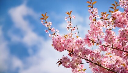 Close Up Of Vibrant Pink Cherry Blossoms Blooming On Tree Branches Against A Soft Blue Sky Background In Springtime