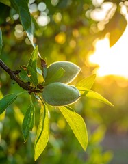 Almond fruit on tree branch at sunset