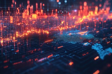 A vibrant digital landscape showcasing abstract data visualizations with glowing elements, representing technology and information flow.