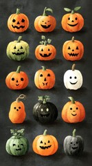 Obraz premium Colorful collection of smiling pumpkins displayed in various shapes on a dark background, perfect for autumn celebrations and Halloween decor