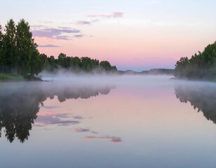 Misty sunrise over a tranquil lake