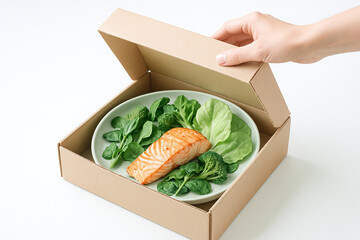 Hand Opening Healthy Salmon and Green Vegetable Meal Delivery Box