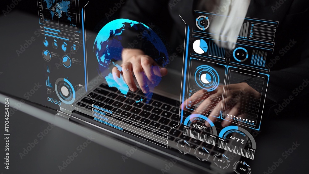 Poster high-tech global network connection interface showing worldwide digital communication, data exchange