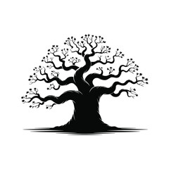 Majestic ancient gnarled oak tree silhouette with intricate branches reaching outwards