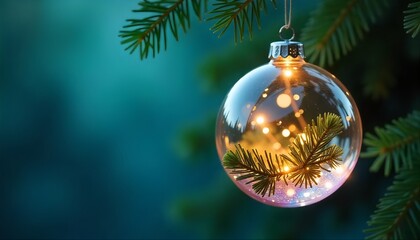 A clear glass sphere, adorned with warm, glowing lights christmas and greenery, hangs suspended against a backdrop of out-of-focus teal and dark green foliage.