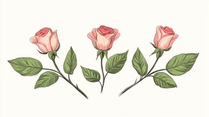 Obraz premium Vintage illustration pink rosebuds with leaves