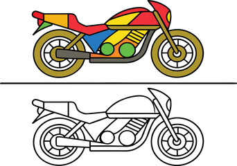 Vibrant Motorcycle Duo A Colorful Rendition Above a Black and White Outline Version Emphasizing Artistic Style and Design