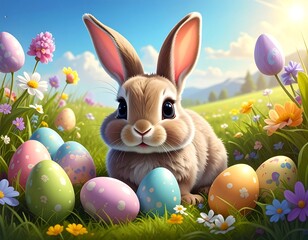 Cute Easter bunny in a meadow with colorful eggs