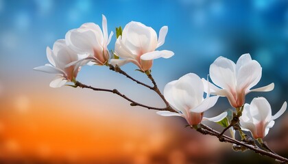 Branch With Four Elegant White Magnolia Blooms Against A Blurred Blue Orange Background