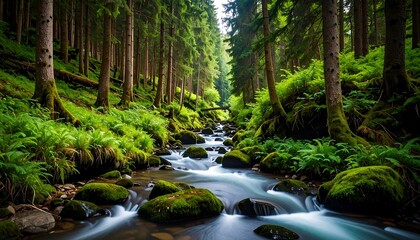 Obraz premium Lush forest stream flowing through mossy rocks