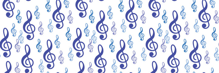 Seamless pattern of blue treble clefs and music notes on white background. Ideal for music-themed designs, textiles, and wallpapers. Perfect for creative projects and educational materials.